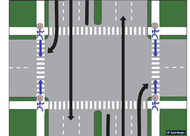 We are looking at an intersection with traffic and pedestrians traveling along the major street.  Arrows indicate vehicles from the north and the south can all go straight or turn right (if they yield to pedestrians), and pedestrians on both sides of the major street can cross the minor street going either direction.
